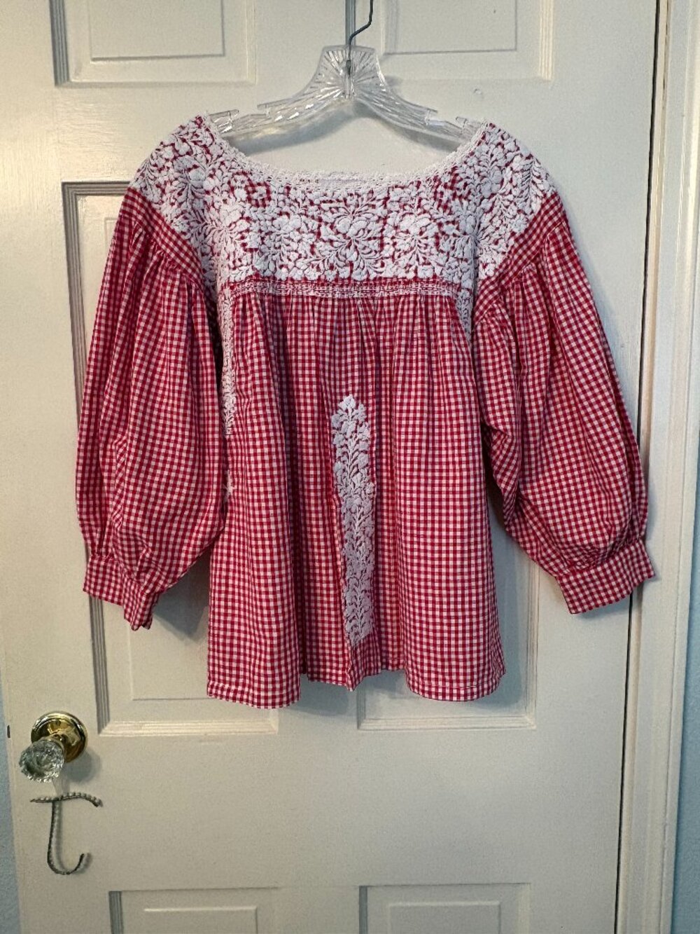 Mi Golondrina red and white gingham blouse